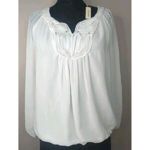 Max Studio Women Ivory Chiffon Lined Swirl Fringe Neckline Longsleeve Top Size S